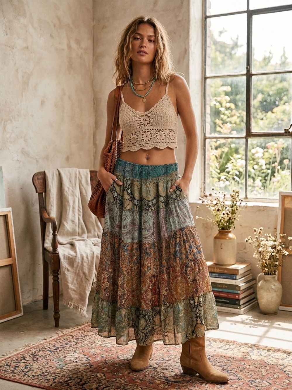 Boho Tiered Patchwork Maxi Skirt/Dress in Multicolor